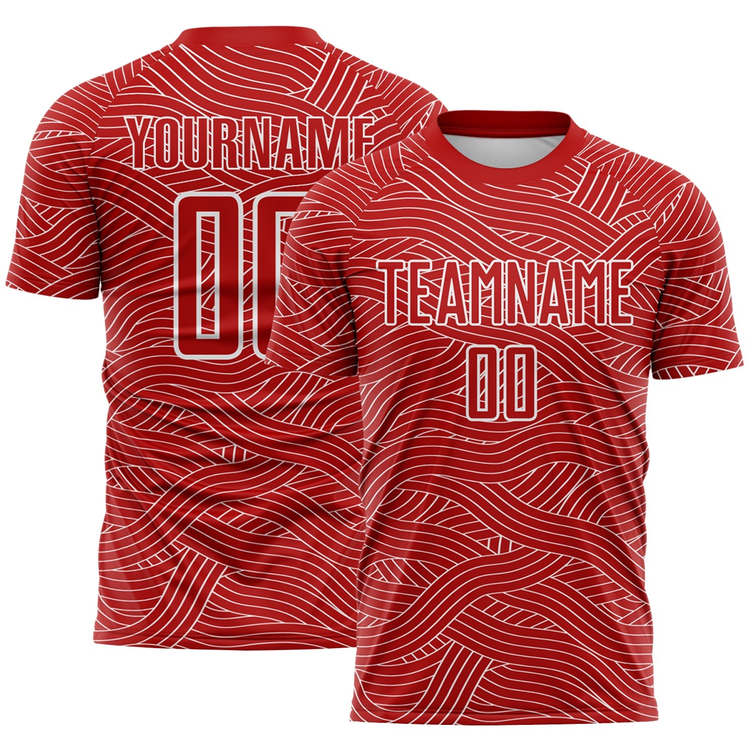 Custom Red-White Abstract Wave Lines Interlocking Sublimation Soccer Uniform Jersey - Main View
