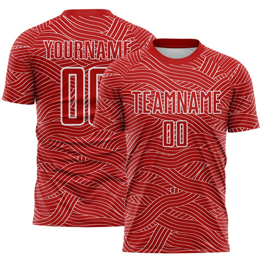 Custom Red-White Abstract Wave Lines Interlocking Sublimation Soccer Uniform Jersey - Main View
