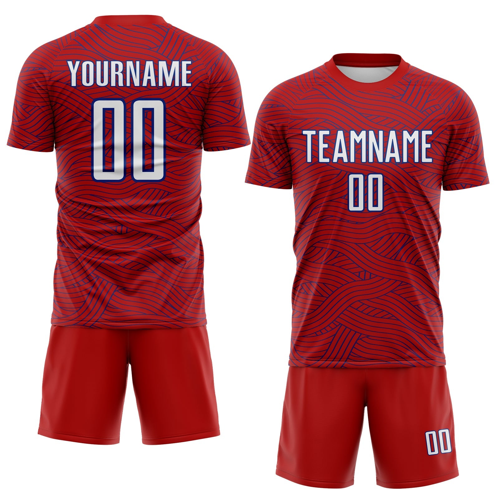 Custom Red White-Royal Abstract Wave Lines Interlocking Sublimation Soccer Uniform Jersey view 2