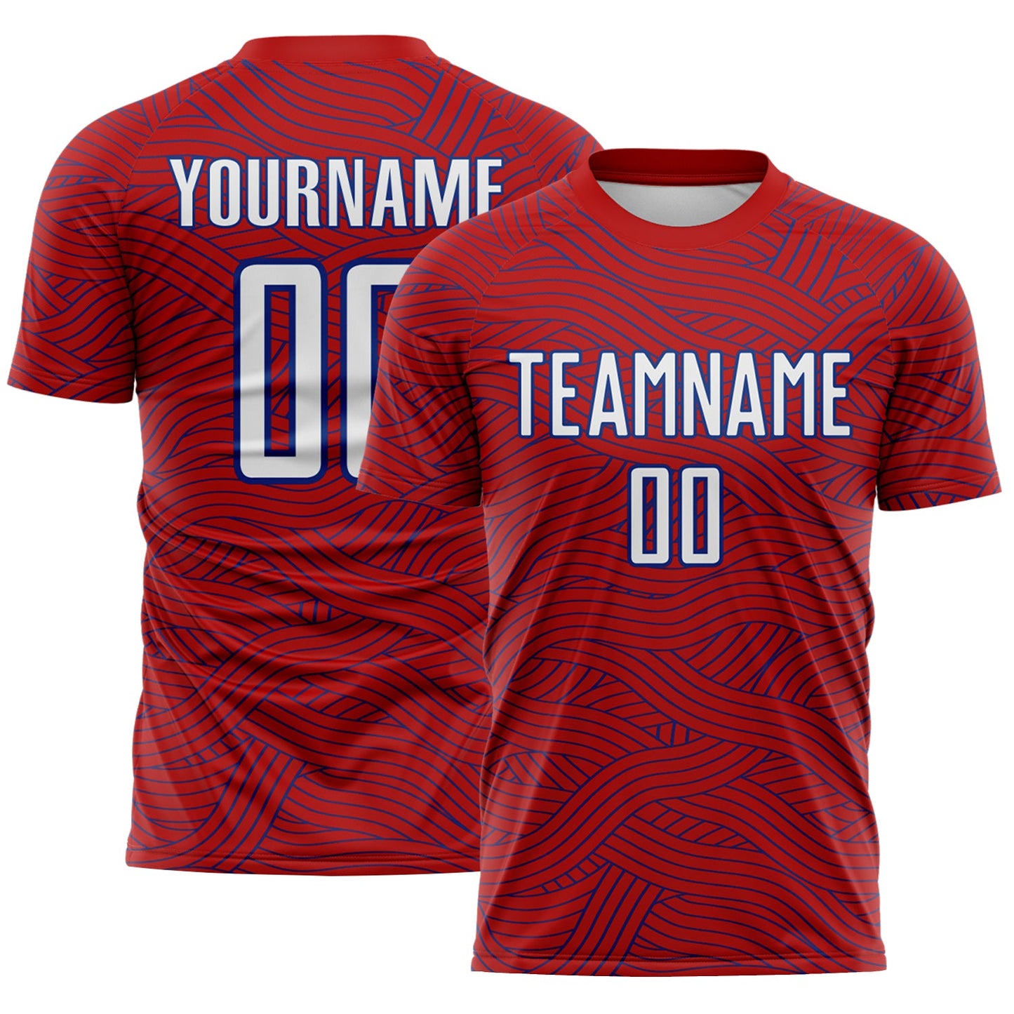 Custom Red White-Royal Abstract Wave Lines Interlocking Sublimation Soccer Uniform Jersey - Main View