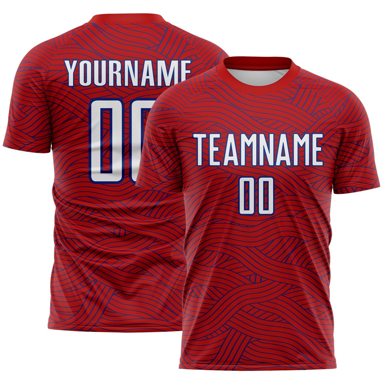 Custom Red White-Royal Abstract Wave Lines Interlocking Sublimation Soccer Uniform Jersey - Main View