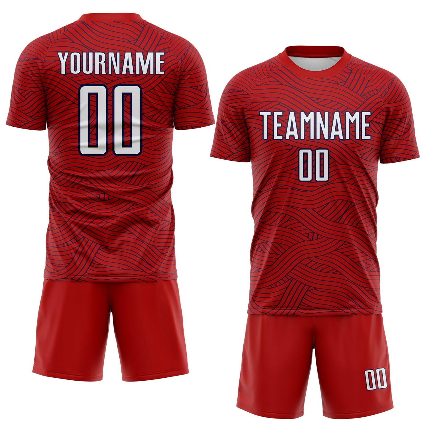 Custom Red White-Navy Abstract Wave Lines Interlocking Sublimation Soccer Uniform Jersey view 2