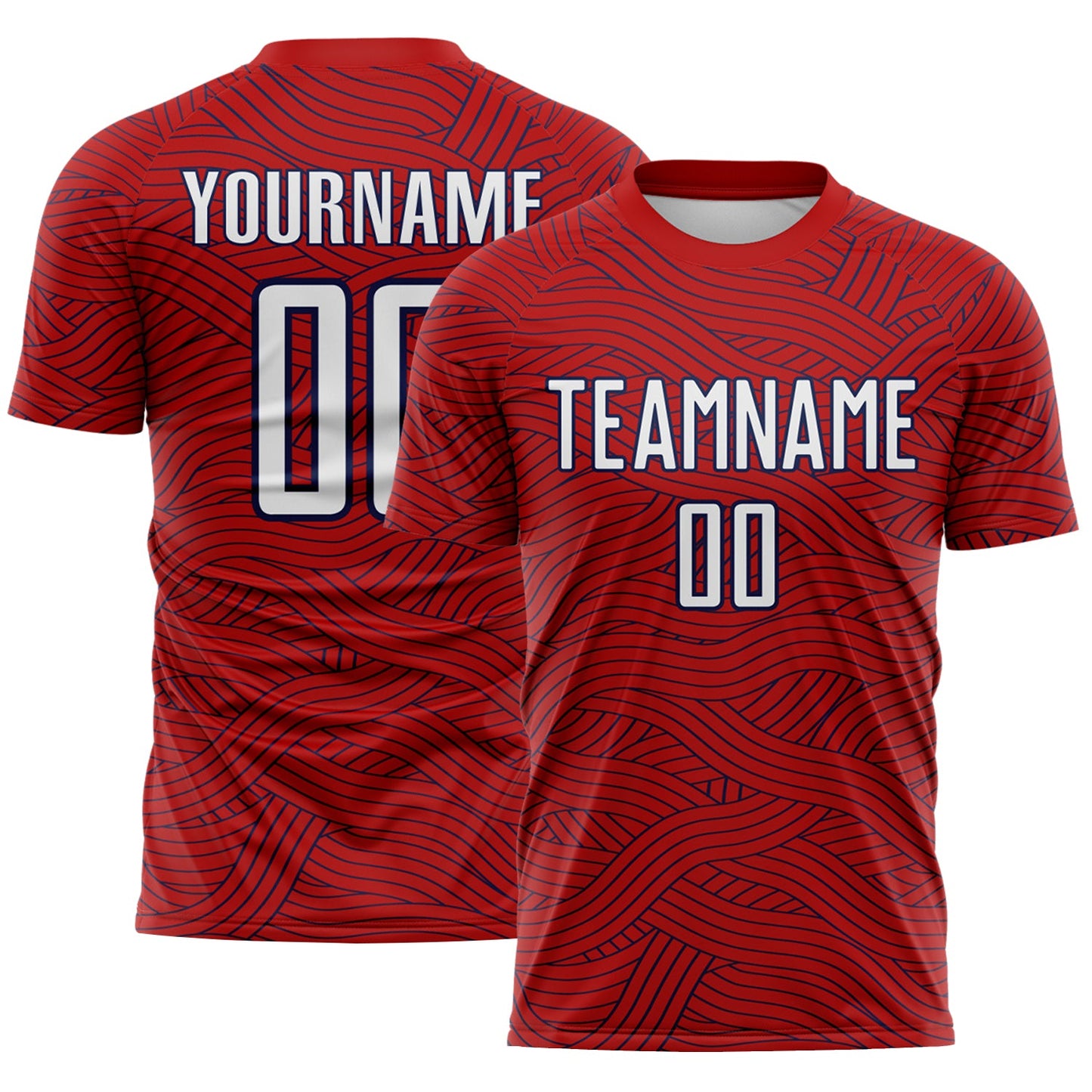 Custom Red White-Navy Abstract Wave Lines Interlocking Sublimation Soccer Uniform Jersey - Main View