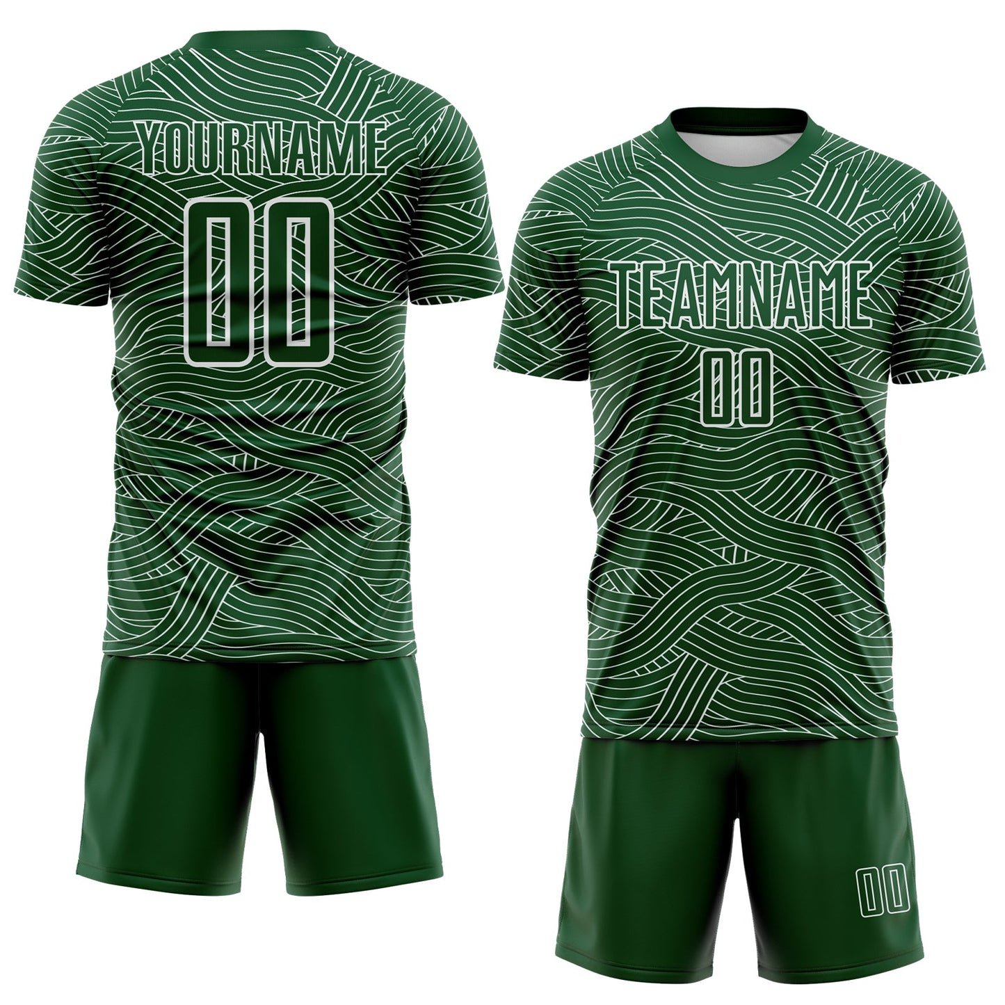 Custom Green-White Abstract Wave Lines Interlocking Sublimation Soccer Uniform Jersey view 2