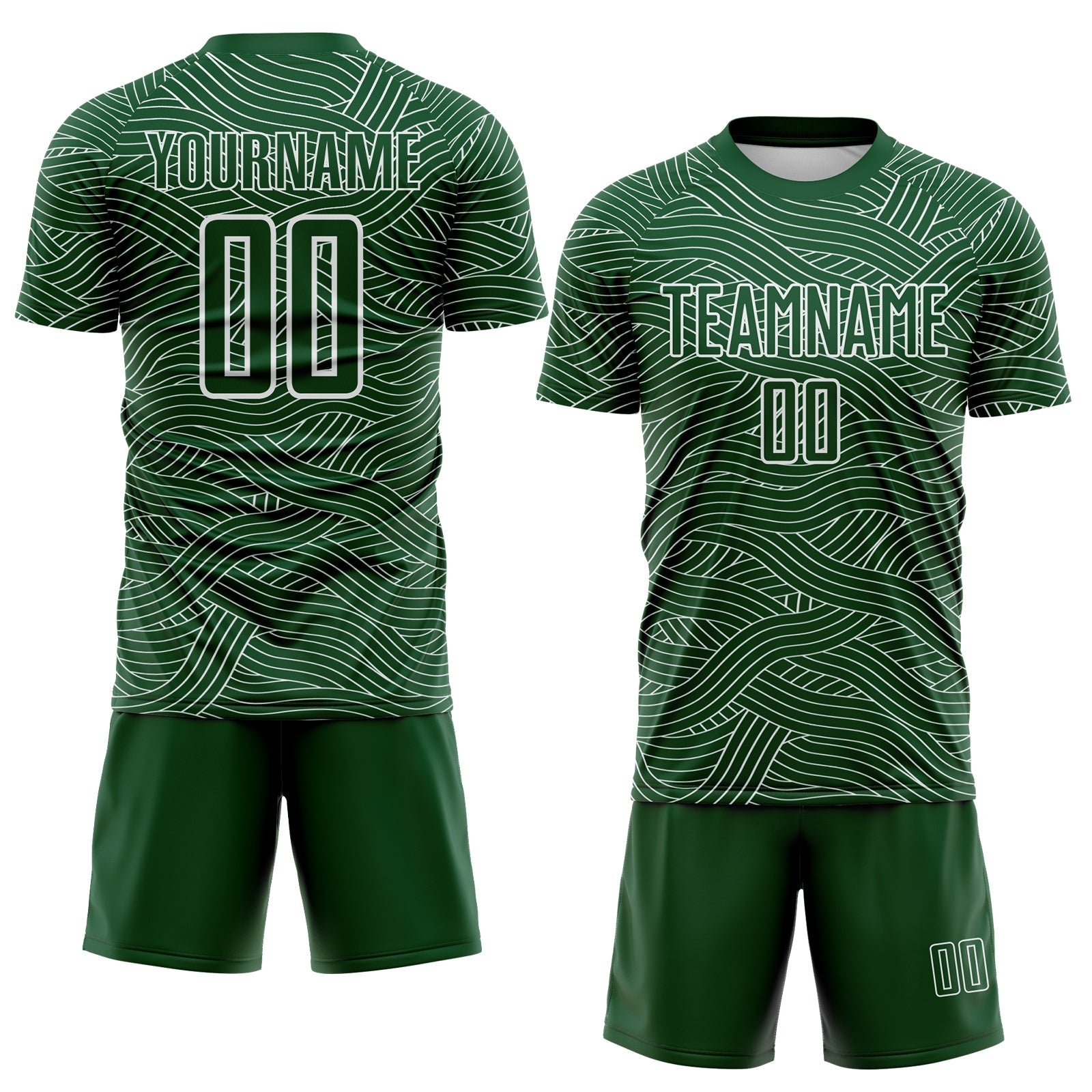 Custom Green-White Abstract Wave Lines Interlocking Sublimation Soccer Uniform Jersey view 2