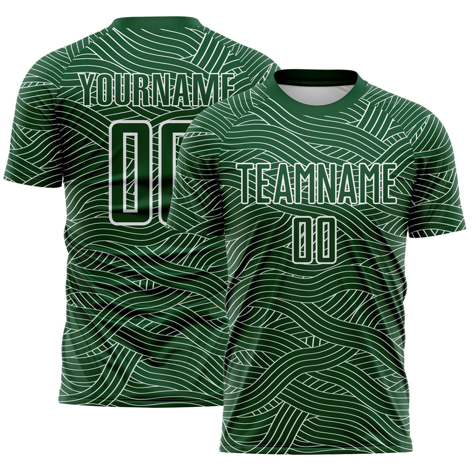 Custom Green-White Abstract Wave Lines Interlocking Sublimation Soccer Uniform Jersey - Main View