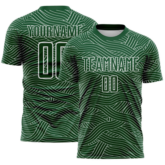 Custom Green-White Abstract Wave Lines Interlocking Sublimation Soccer Uniform Jersey - Main View