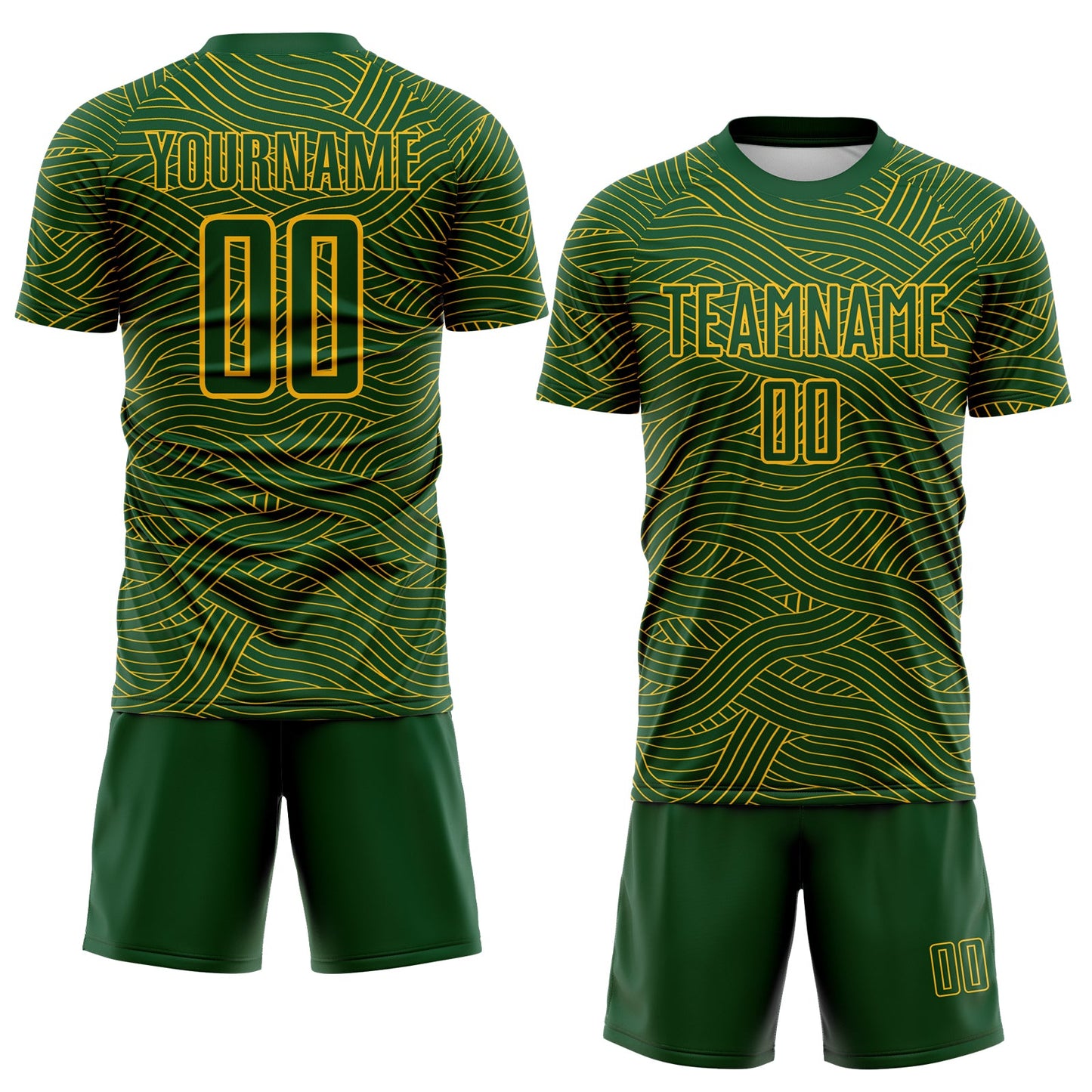 Custom Green-Gold Abstract Wave Lines Interlocking Sublimation Soccer Uniform Jersey view 2