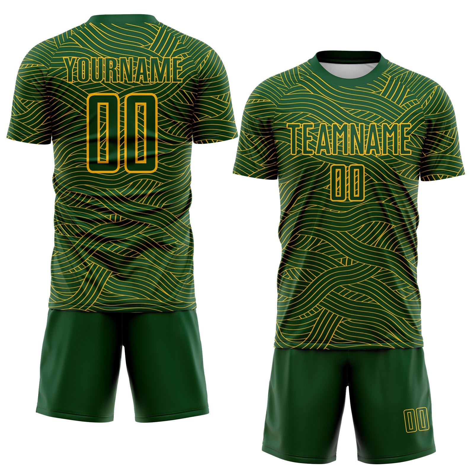 Custom Green-Gold Abstract Wave Lines Interlocking Sublimation Soccer Uniform Jersey view 2
