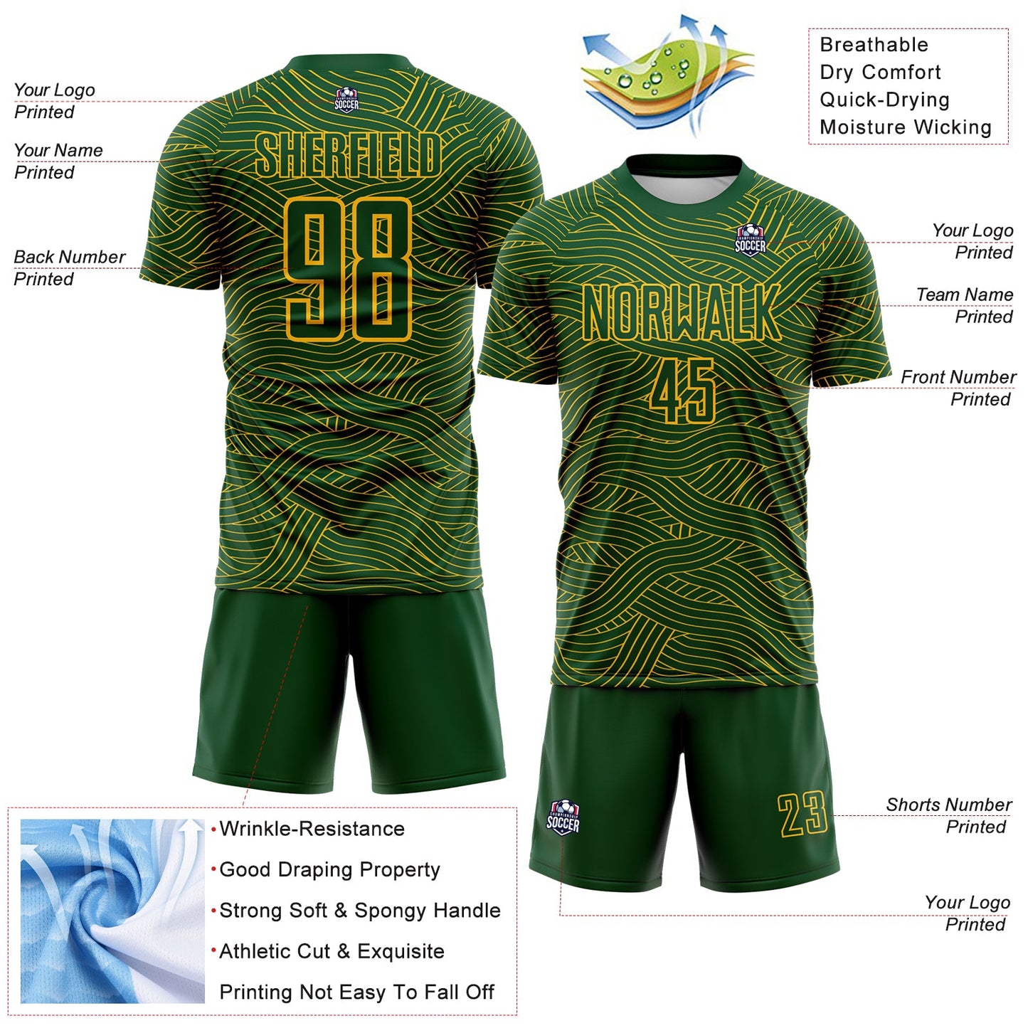 Custom Green-Gold Abstract Wave Lines Interlocking Sublimation Soccer Uniform Jersey view 4