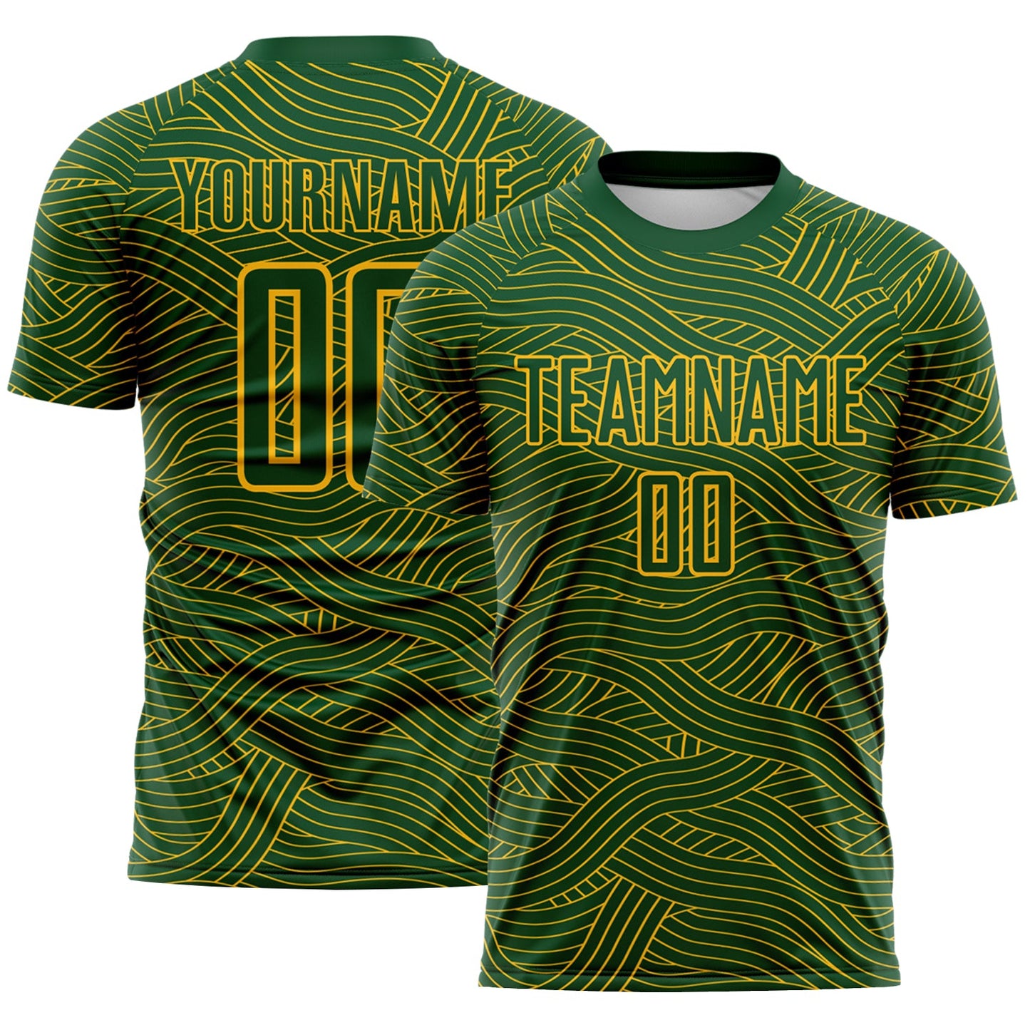 Custom Green-Gold Abstract Wave Lines Interlocking Sublimation Soccer Uniform Jersey - Main View