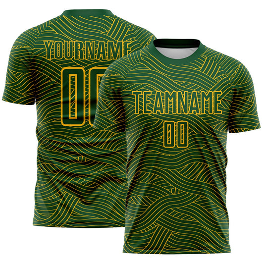 Custom Green-Gold Abstract Wave Lines Interlocking Sublimation Soccer Uniform Jersey - Main View