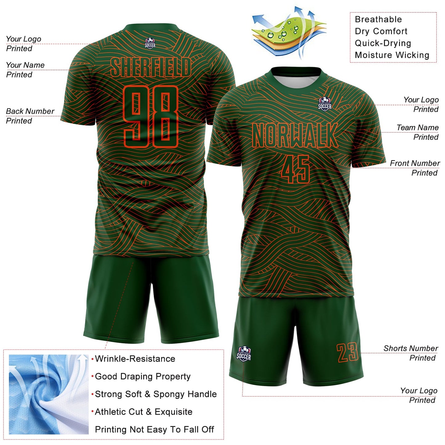 Custom Green-Orange Abstract Wave Lines Interlocking Sublimation Soccer Uniform Jersey view 4