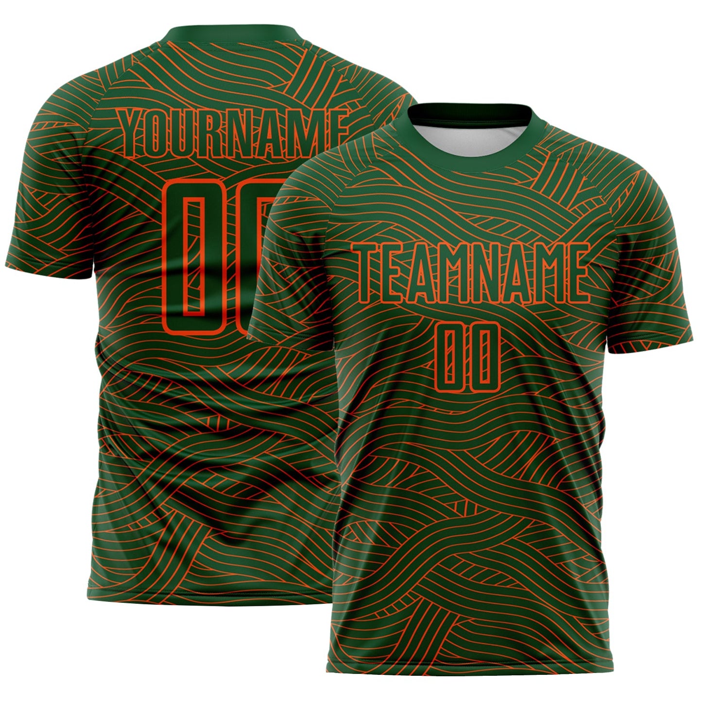 Custom Green-Orange Abstract Wave Lines Interlocking Sublimation Soccer Uniform Jersey - Main View