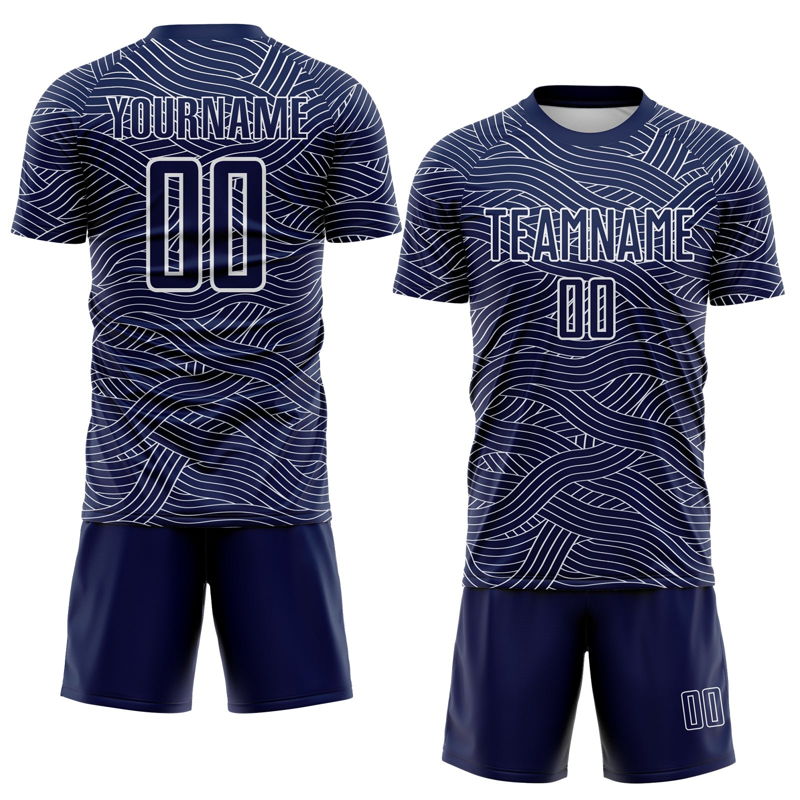 Custom Navy-White Abstract Wave Lines Interlocking Sublimation Soccer Uniform Jersey view 2