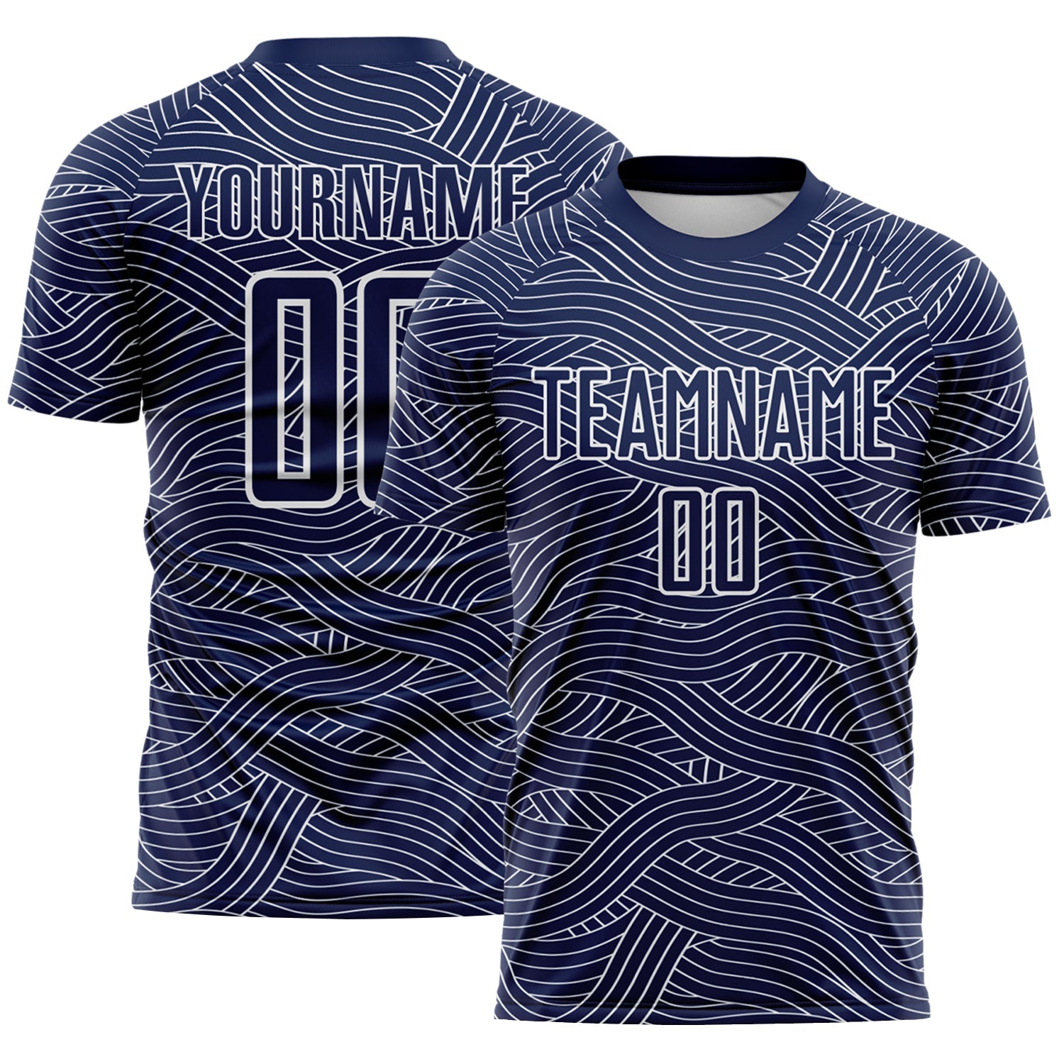 Custom Navy-White Abstract Wave Lines Interlocking Sublimation Soccer Uniform Jersey - Main View