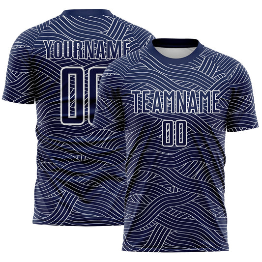 Custom Navy-White Abstract Wave Lines Interlocking Sublimation Soccer Uniform Jersey - Main View