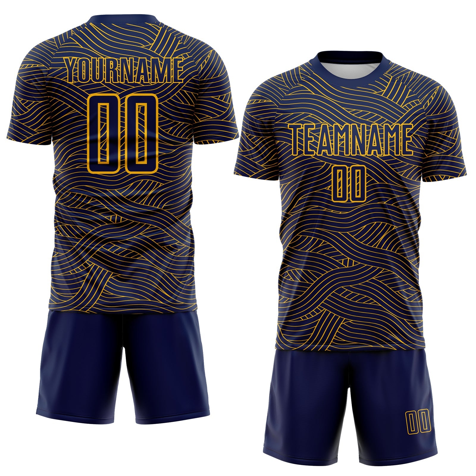 Custom Navy-Gold Abstract Wave Lines Interlocking Sublimation Soccer Uniform Jersey view 2