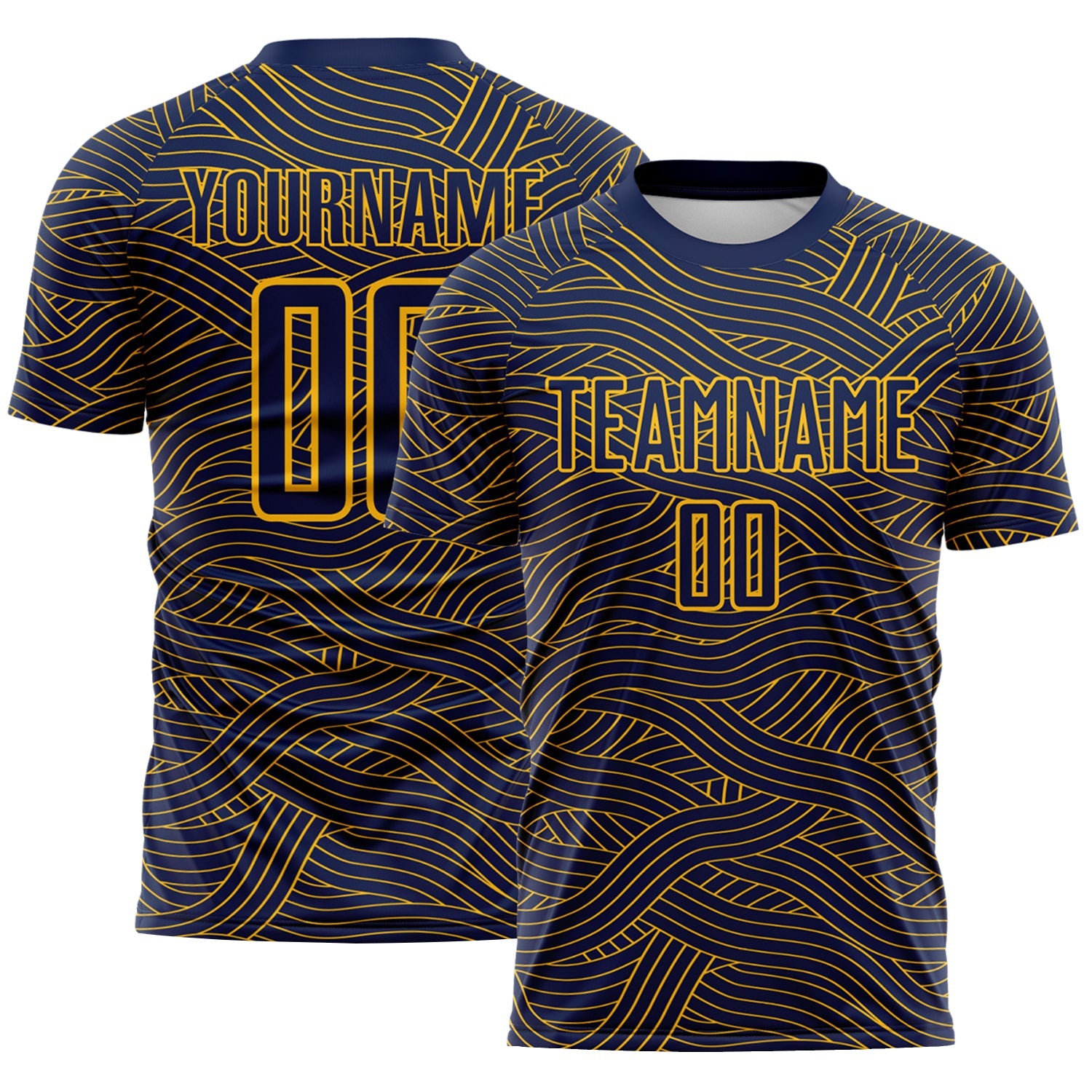 Custom Navy-Gold Abstract Wave Lines Interlocking Sublimation Soccer Uniform Jersey - Main View