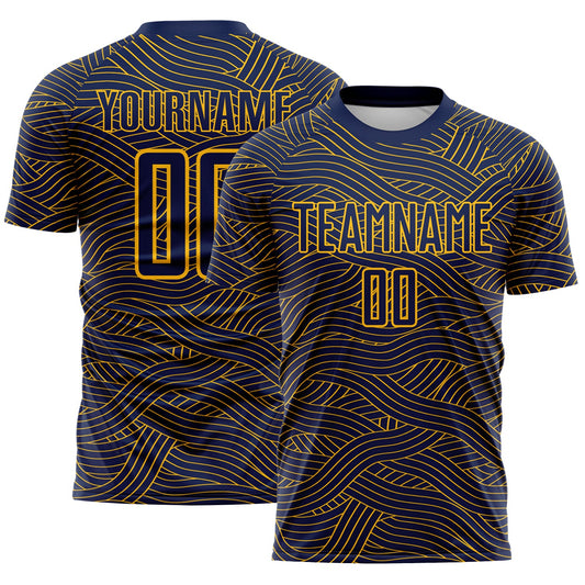 Custom Navy-Gold Abstract Wave Lines Interlocking Sublimation Soccer Uniform Jersey - Main View