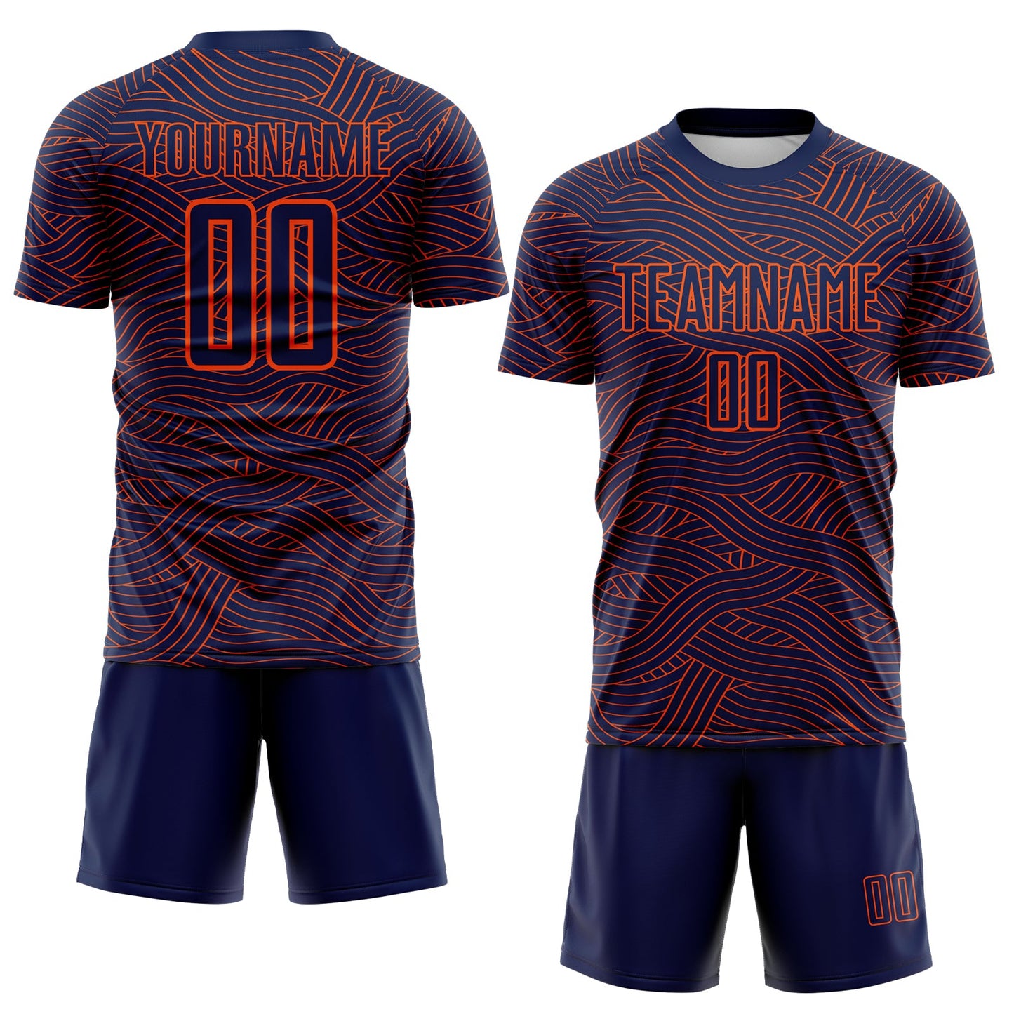 Custom Navy-Orange Abstract Wave Lines Interlocking Sublimation Soccer Uniform Jersey view 2