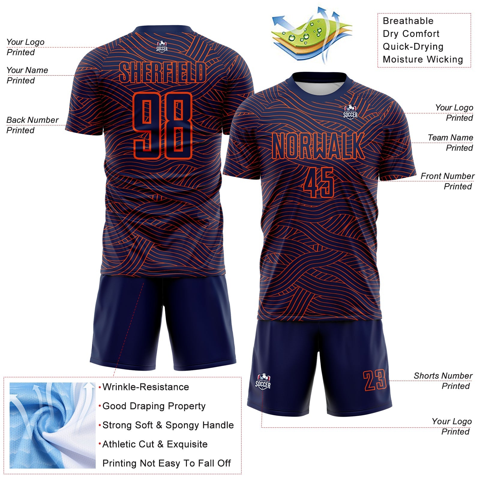 Custom Navy-Orange Abstract Wave Lines Interlocking Sublimation Soccer Uniform Jersey view 4