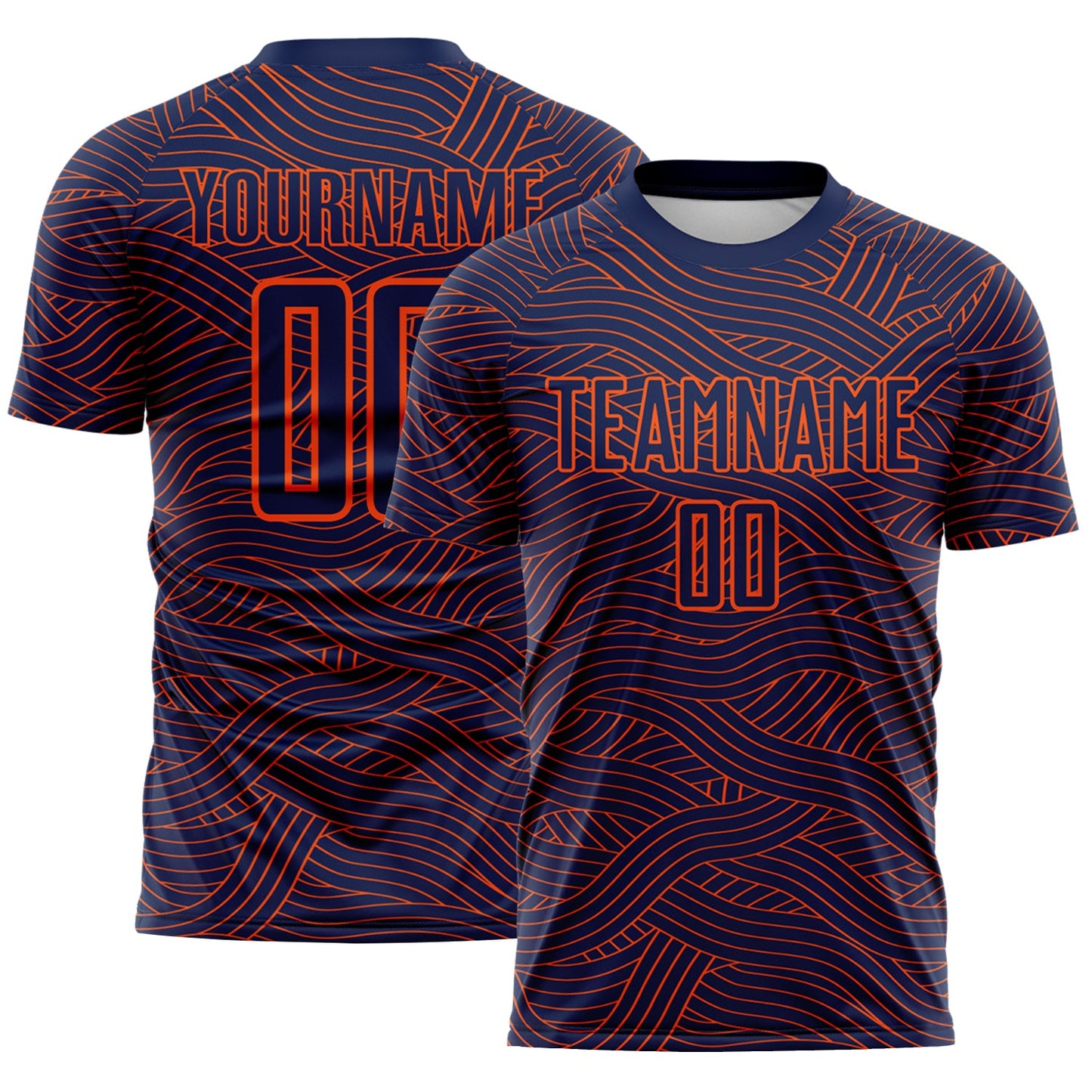 Custom Navy-Orange Abstract Wave Lines Interlocking Sublimation Soccer Uniform Jersey - Main View