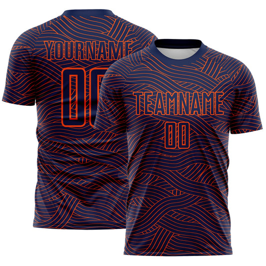 Custom Navy-Orange Abstract Wave Lines Interlocking Sublimation Soccer Uniform Jersey - Main View