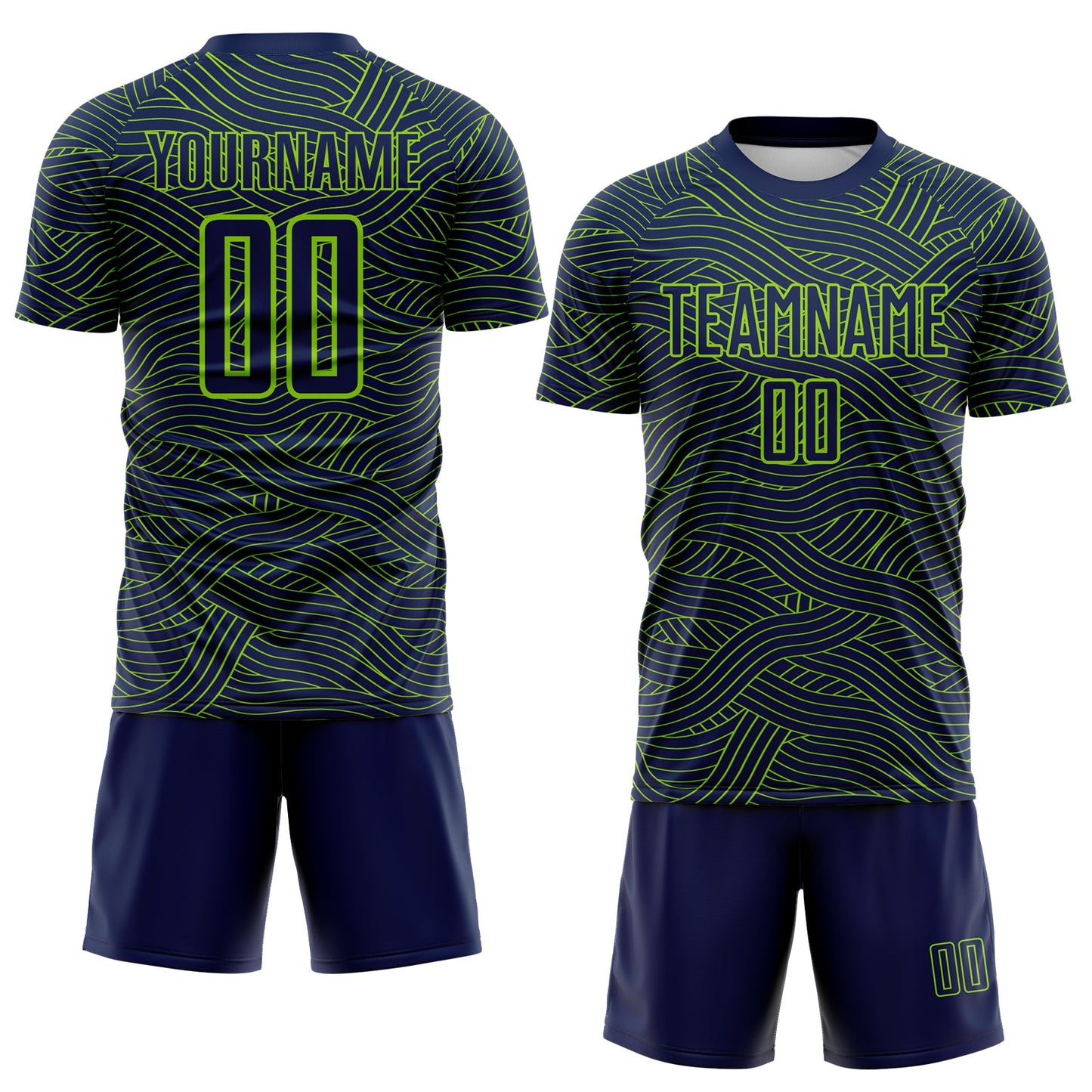 Custom Navy-Neon Green Abstract Wave Lines Interlocking Sublimation Soccer Uniform Jersey view 2