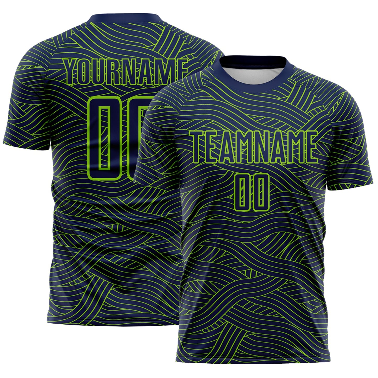 Custom Navy-Neon Green Abstract Wave Lines Interlocking Sublimation Soccer Uniform Jersey - Main View