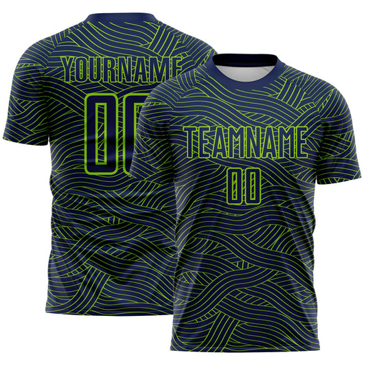 Custom Navy-Neon Green Abstract Wave Lines Interlocking Sublimation Soccer Uniform Jersey - Main View