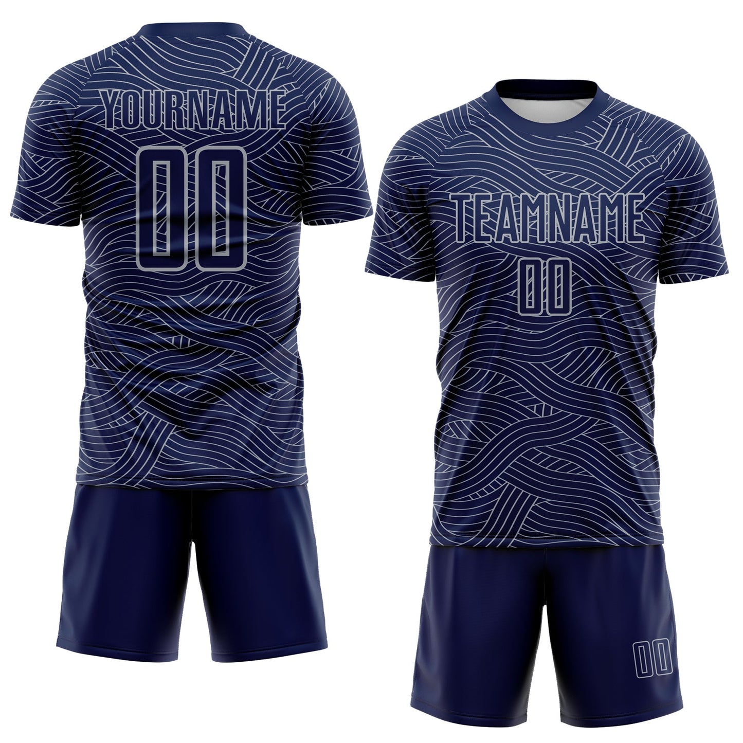 Custom Navy-Gray Abstract Wave Lines Interlocking Sublimation Soccer Uniform Jersey view 2