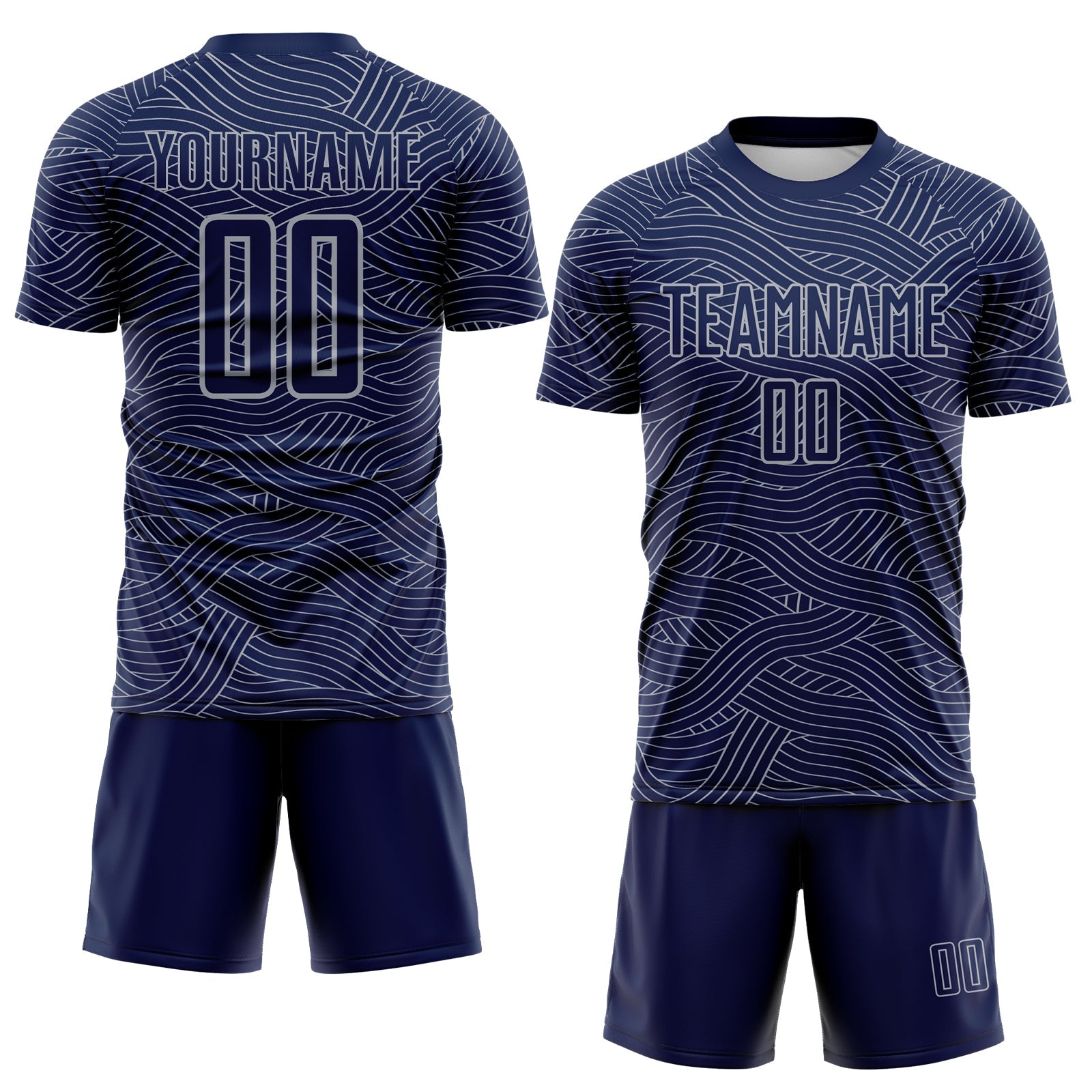 Custom Navy-Gray Abstract Wave Lines Interlocking Sublimation Soccer Uniform Jersey view 2