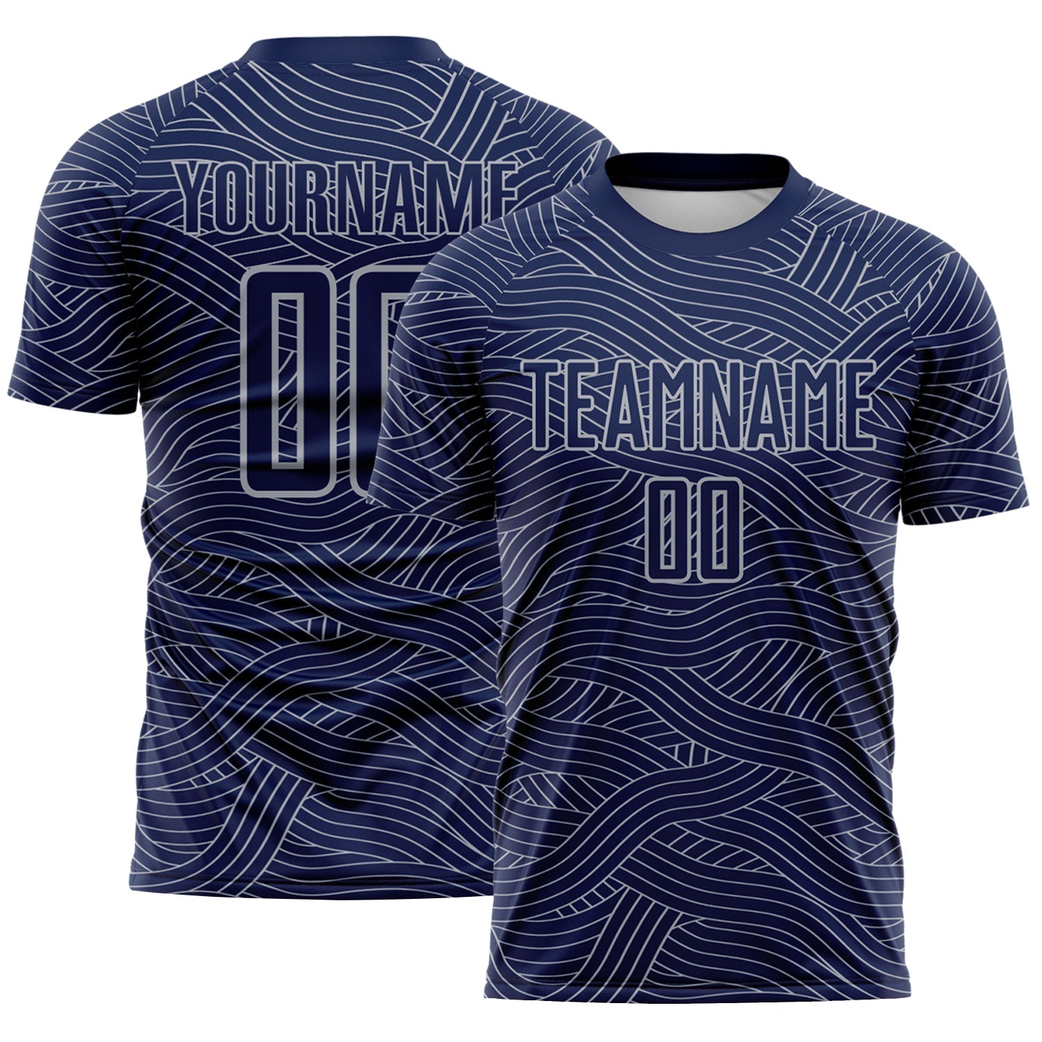 Custom Navy-Gray Abstract Wave Lines Interlocking Sublimation Soccer Uniform Jersey - Main View
