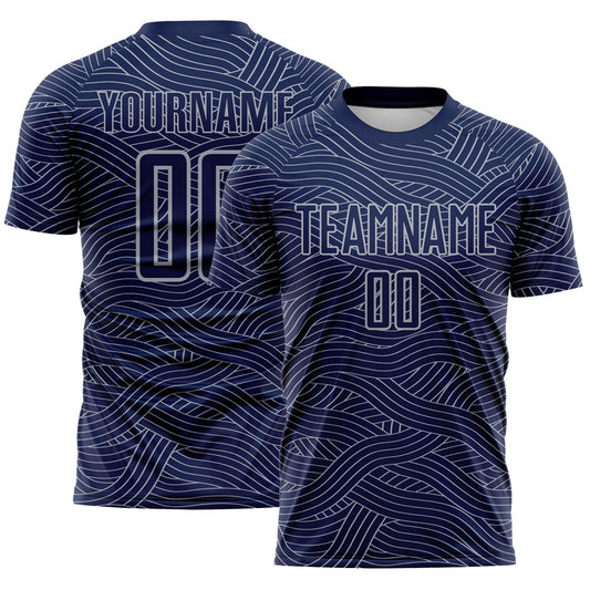 Custom Navy-Gray Abstract Wave Lines Interlocking Sublimation Soccer Uniform Jersey - Main View