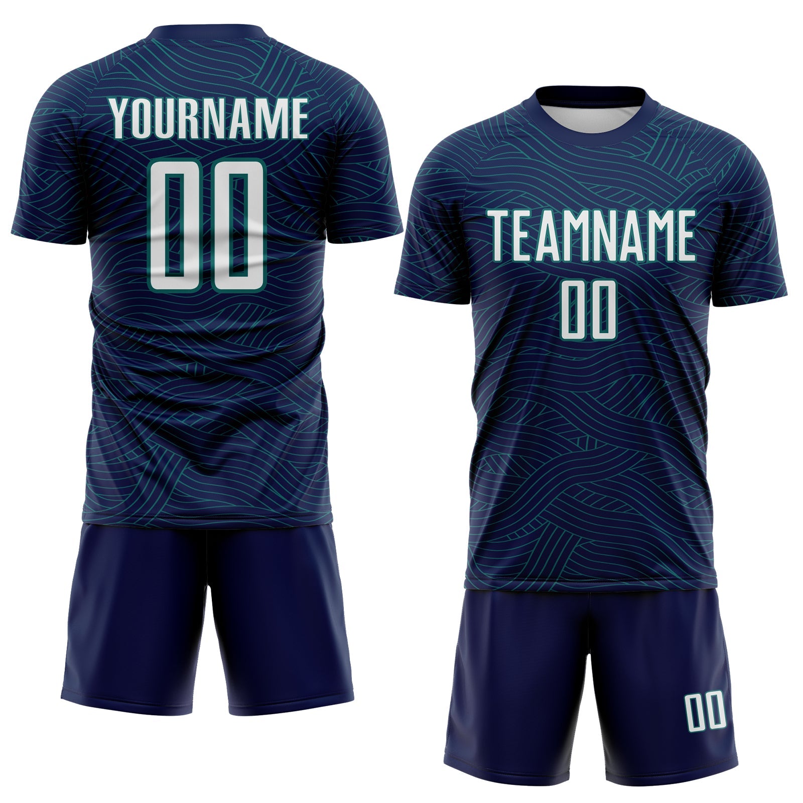 Custom Navy White-Teal Abstract Wave Lines Interlocking Sublimation Soccer Uniform Jersey view 2