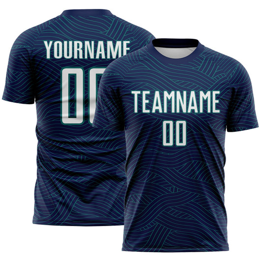 Custom Navy White-Teal Abstract Wave Lines Interlocking Sublimation Soccer Uniform Jersey - Main View