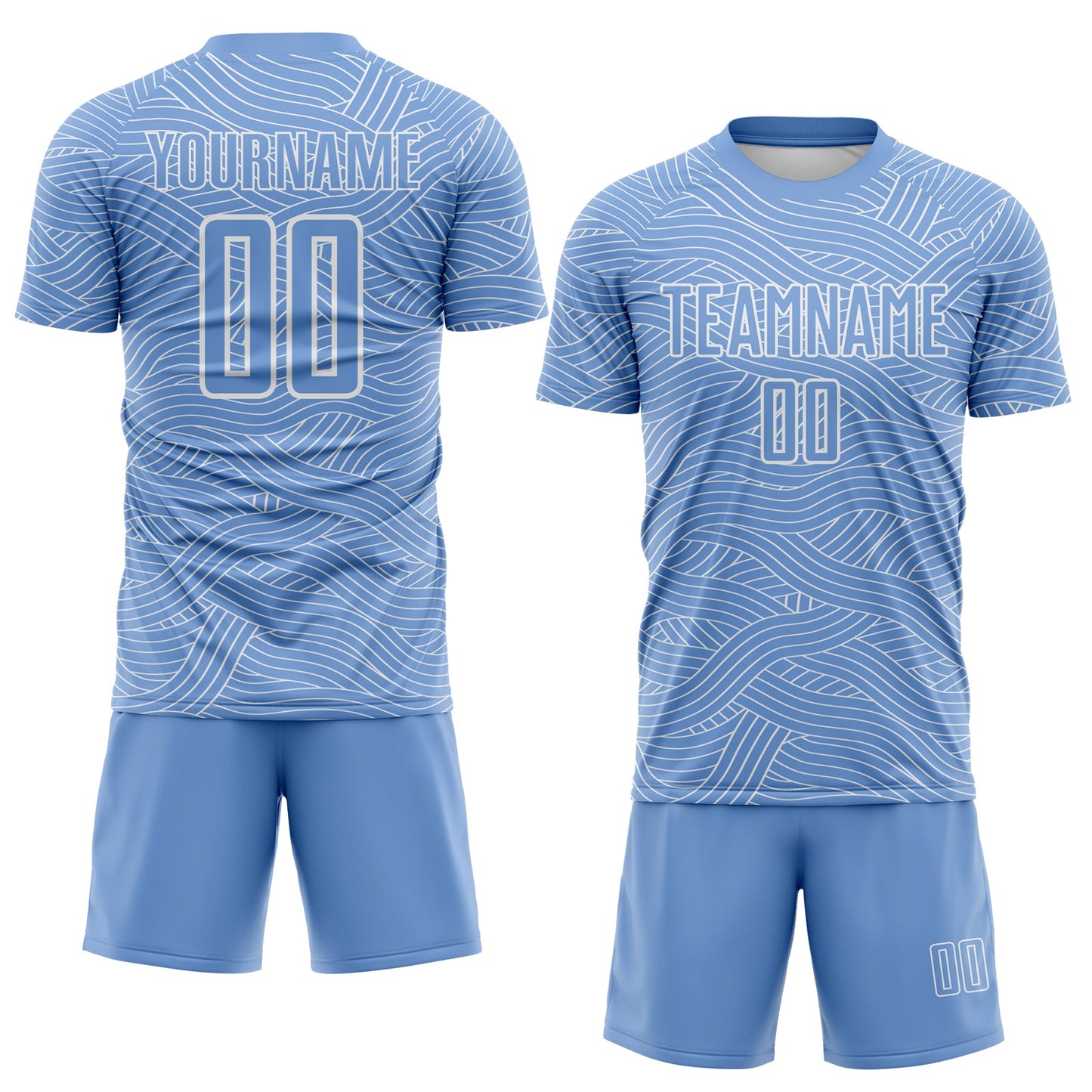 Custom Light Blue-White Abstract Wave Lines Interlocking Sublimation Soccer Uniform Jersey view 2