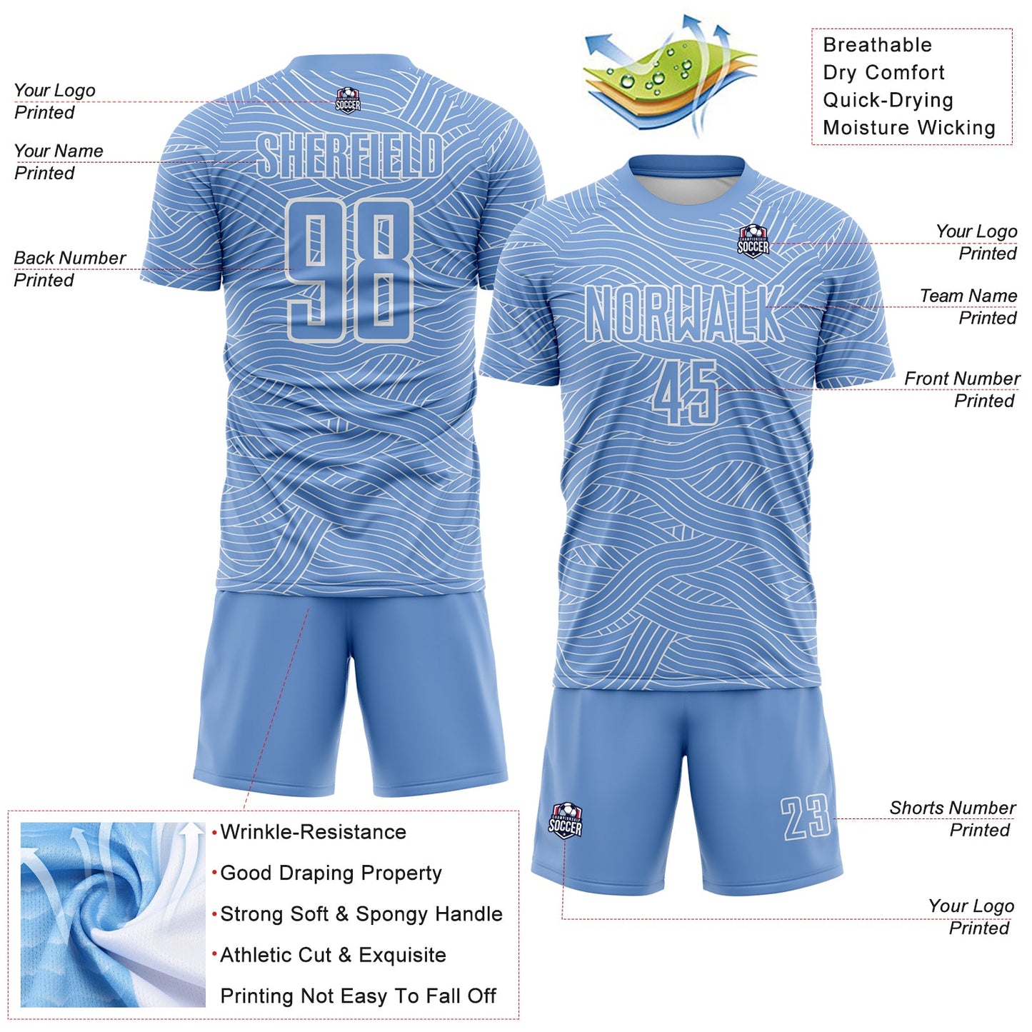 Custom Light Blue-White Abstract Wave Lines Interlocking Sublimation Soccer Uniform Jersey view 4