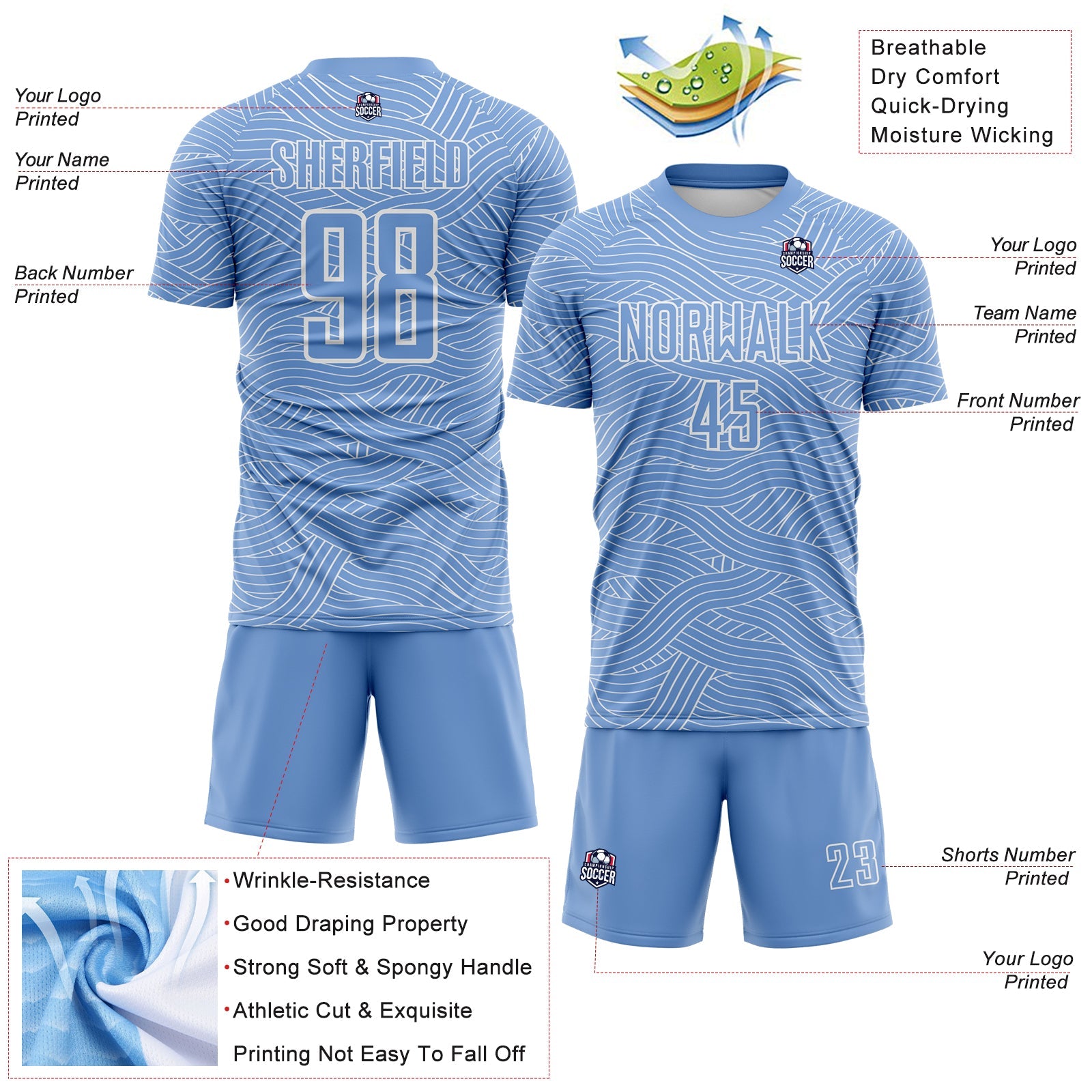 Custom Light Blue-White Abstract Wave Lines Interlocking Sublimation Soccer Uniform Jersey view 4