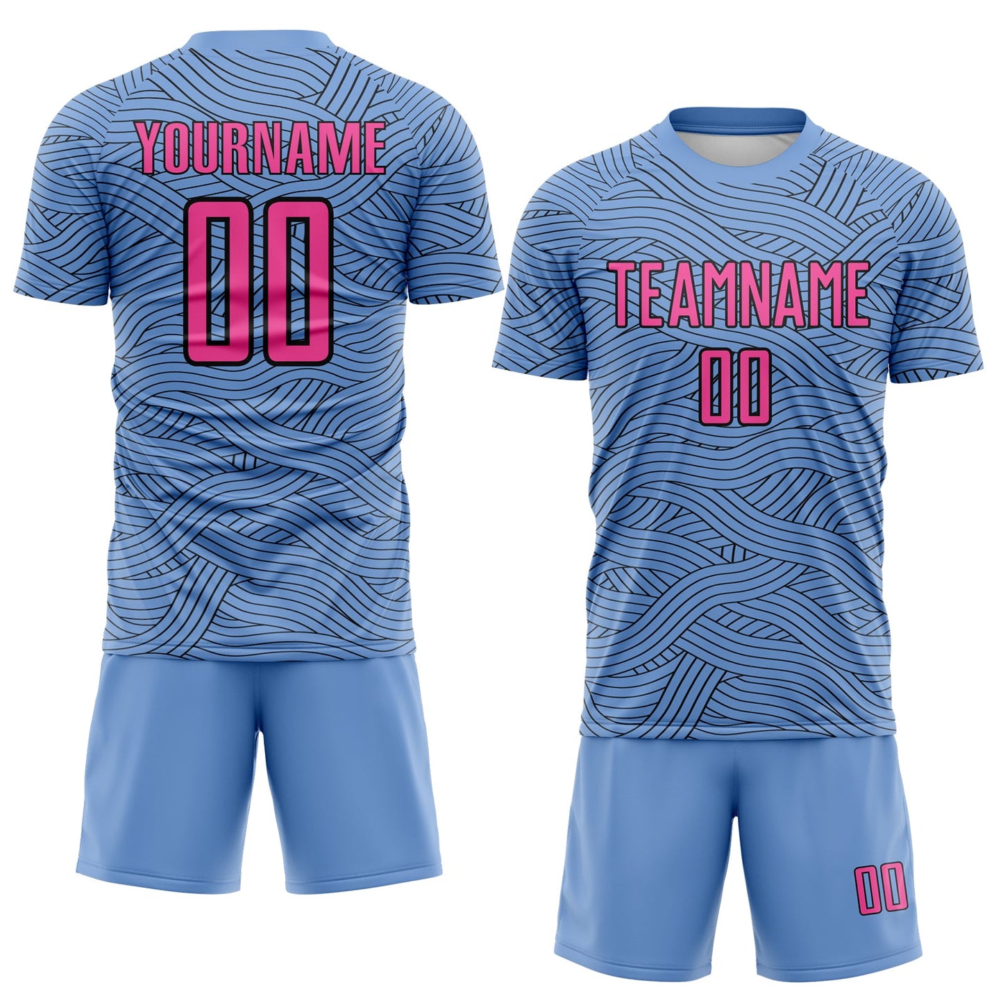 Custom Light Blue Pink-Black Abstract Wave Lines Interlocking Sublimation Soccer Uniform Jersey view 2