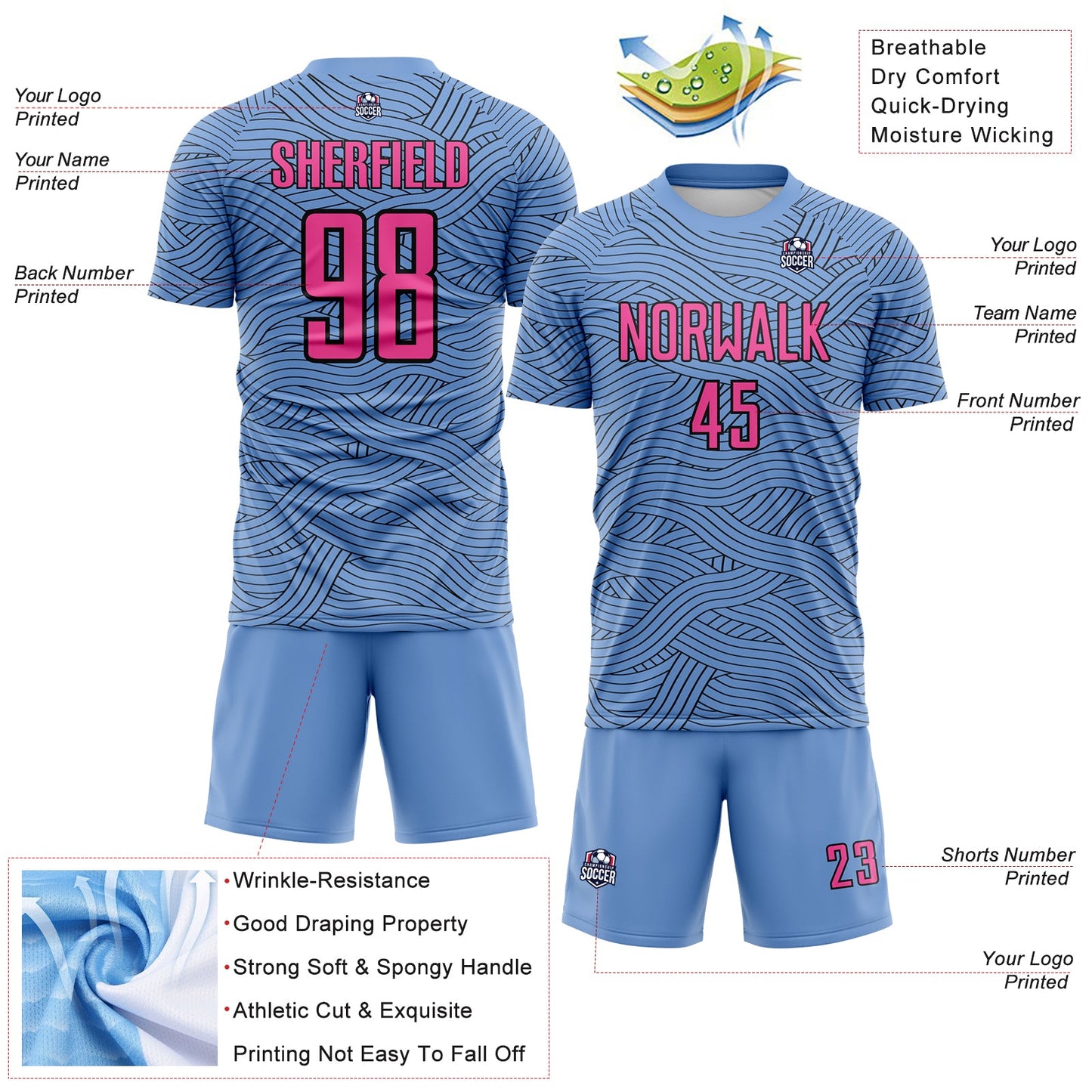 Custom Light Blue Pink-Black Abstract Wave Lines Interlocking Sublimation Soccer Uniform Jersey view 4