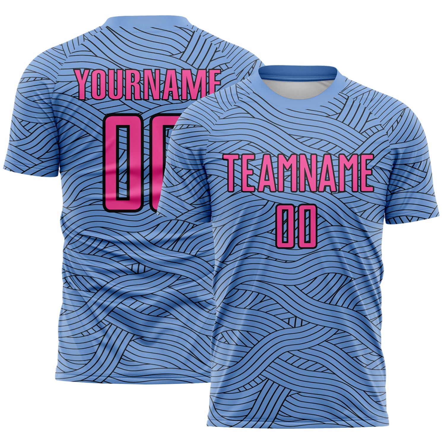Custom Light Blue Pink-Black Abstract Wave Lines Interlocking Sublimation Soccer Uniform Jersey - Main View