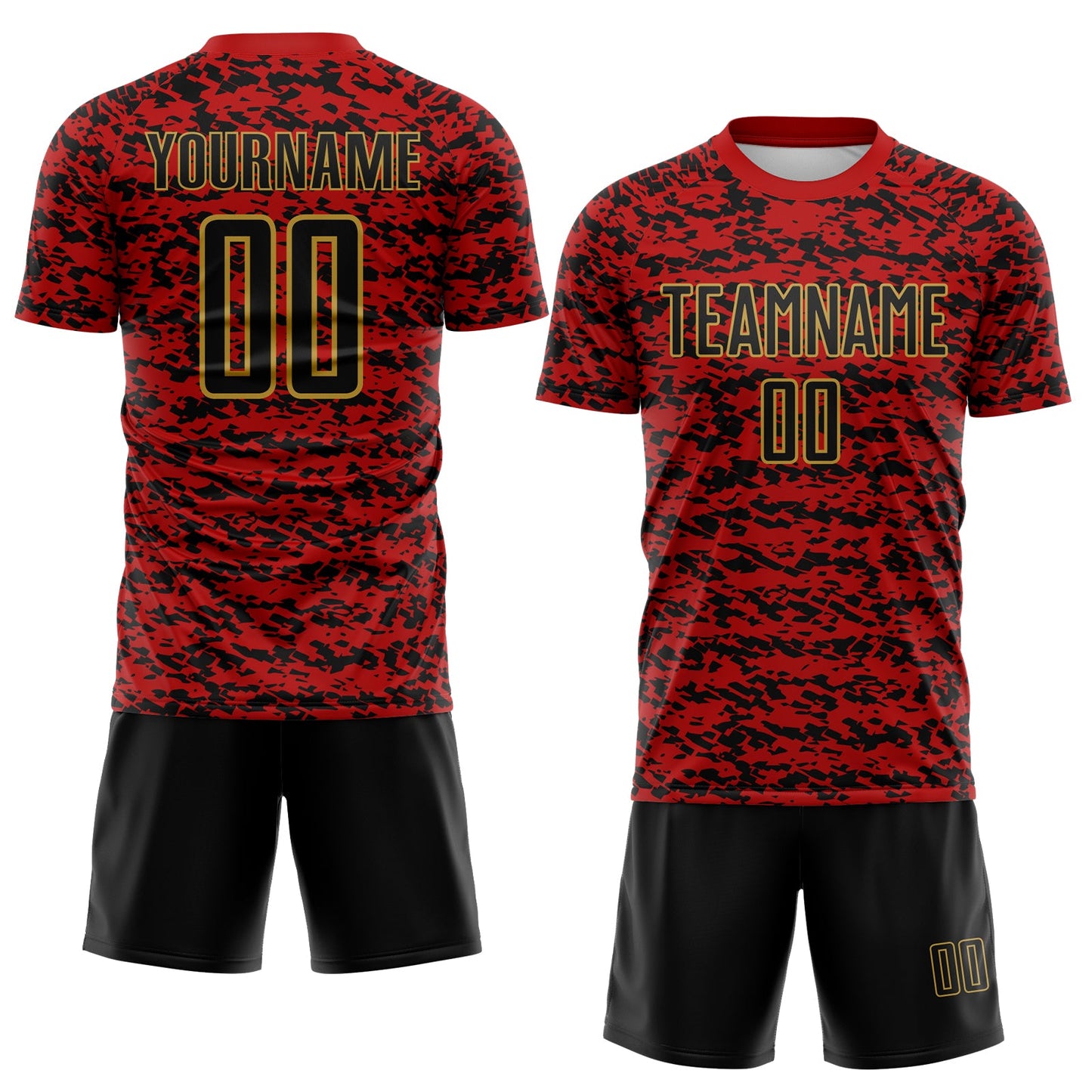 Custom Red Black-Old Gold Geometric Fragment Splatter Sublimation Soccer Uniform Jersey view 2