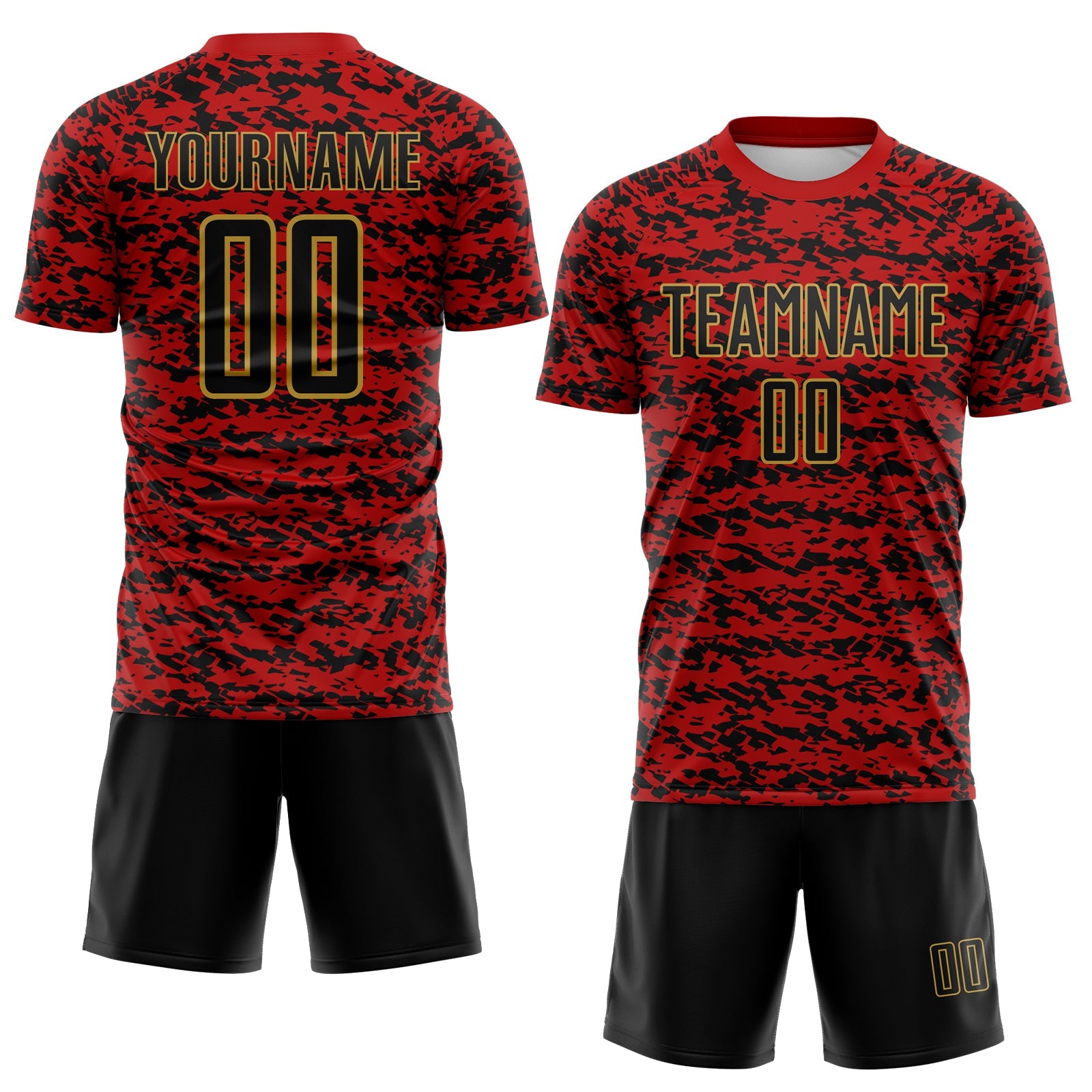 Custom Red Black-Old Gold Geometric Fragment Splatter Sublimation Soccer Uniform Jersey view 2