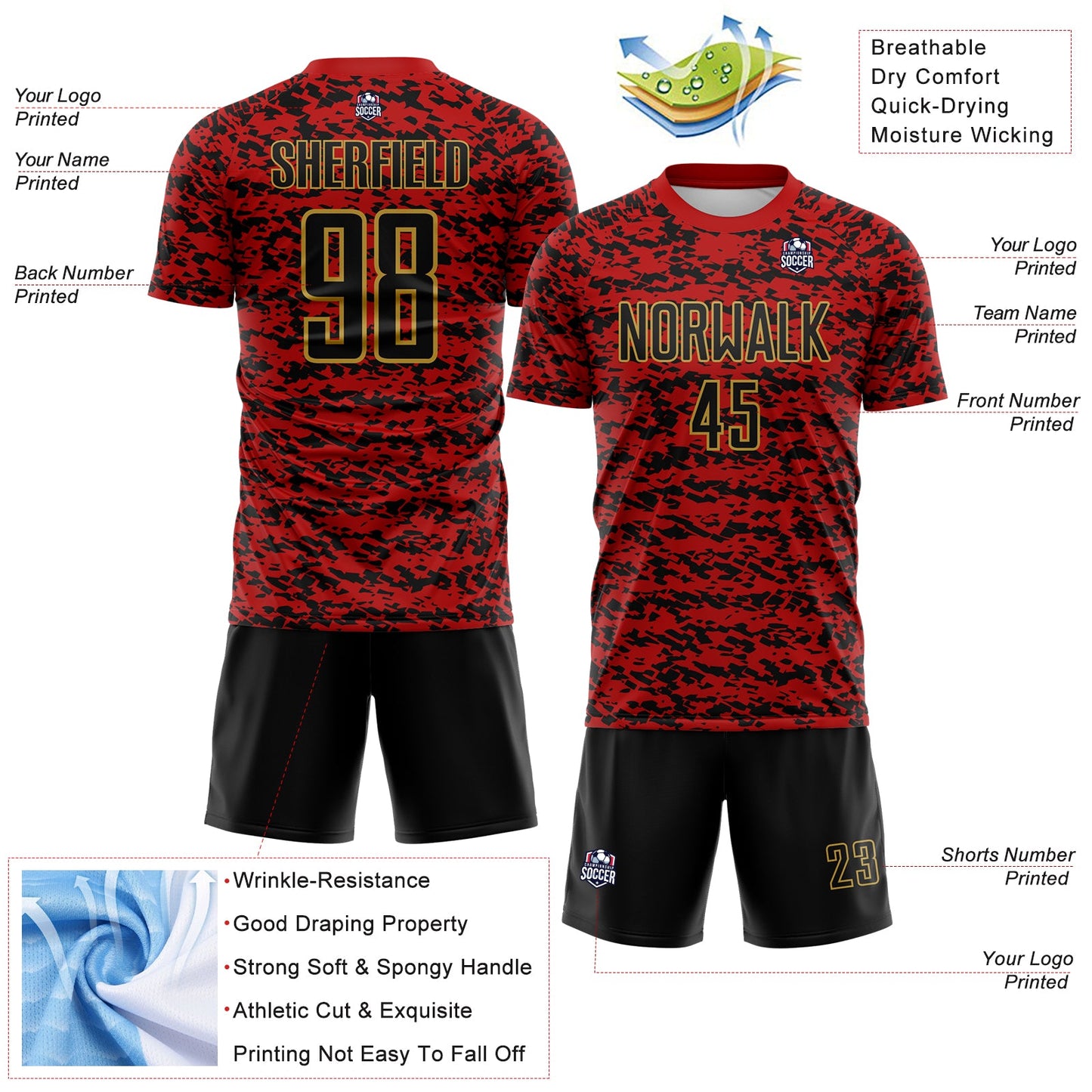 Custom Red Black-Old Gold Geometric Fragment Splatter Sublimation Soccer Uniform Jersey view 4
