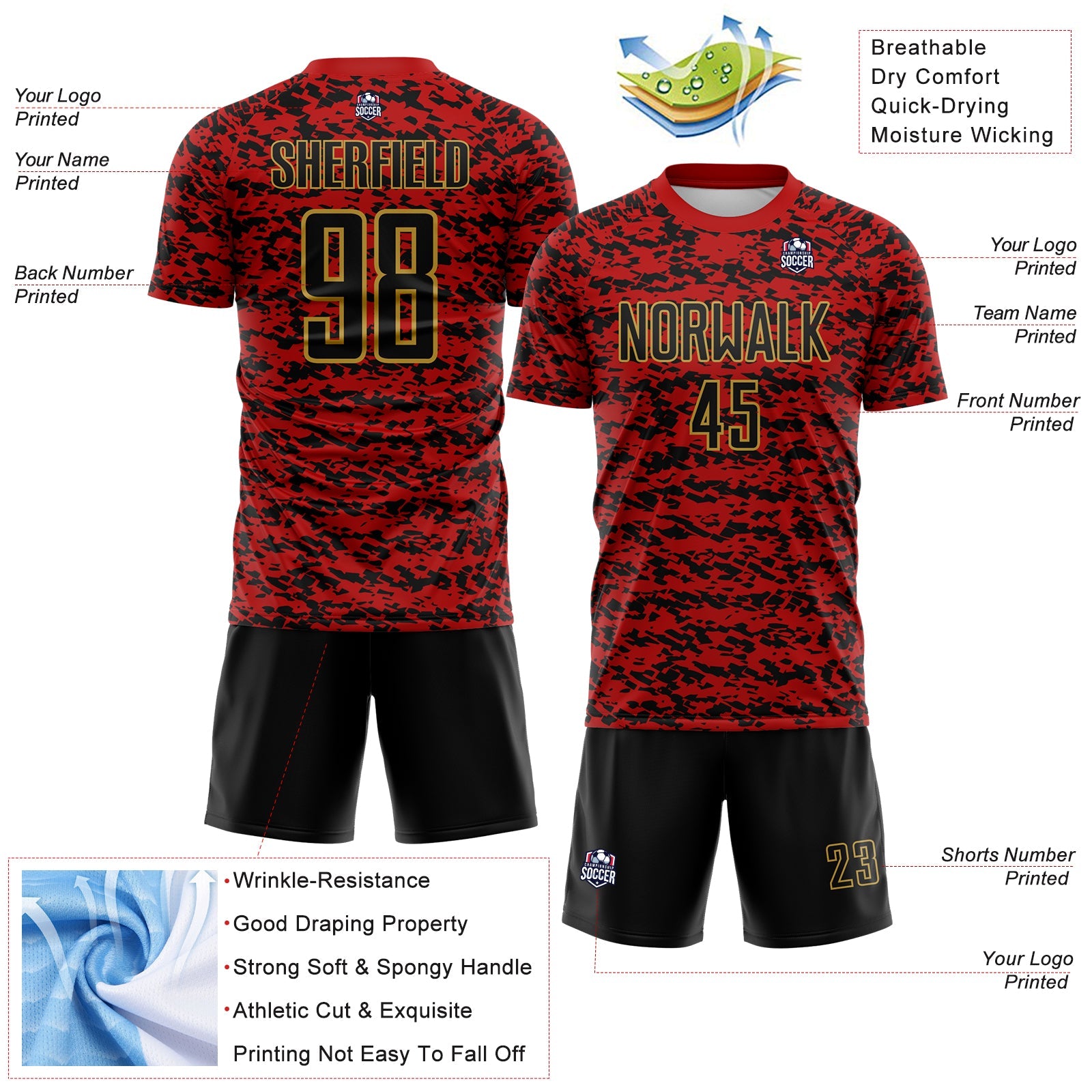 Custom Red Black-Old Gold Geometric Fragment Splatter Sublimation Soccer Uniform Jersey view 4