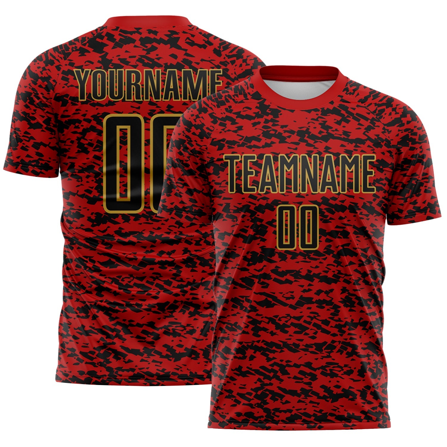 Custom Red Black-Old Gold Geometric Fragment Splatter Sublimation Soccer Uniform Jersey - Main View