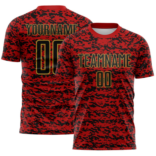 Custom Red Black-Old Gold Geometric Fragment Splatter Sublimation Soccer Uniform Jersey - Main View
