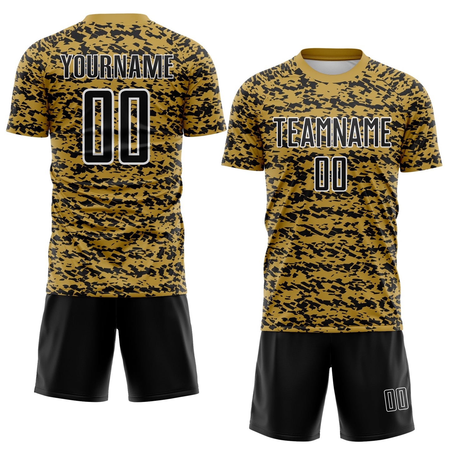 Custom Old Gold Black-White Geometric Fragment Splatter Sublimation Soccer Uniform Jersey view 2